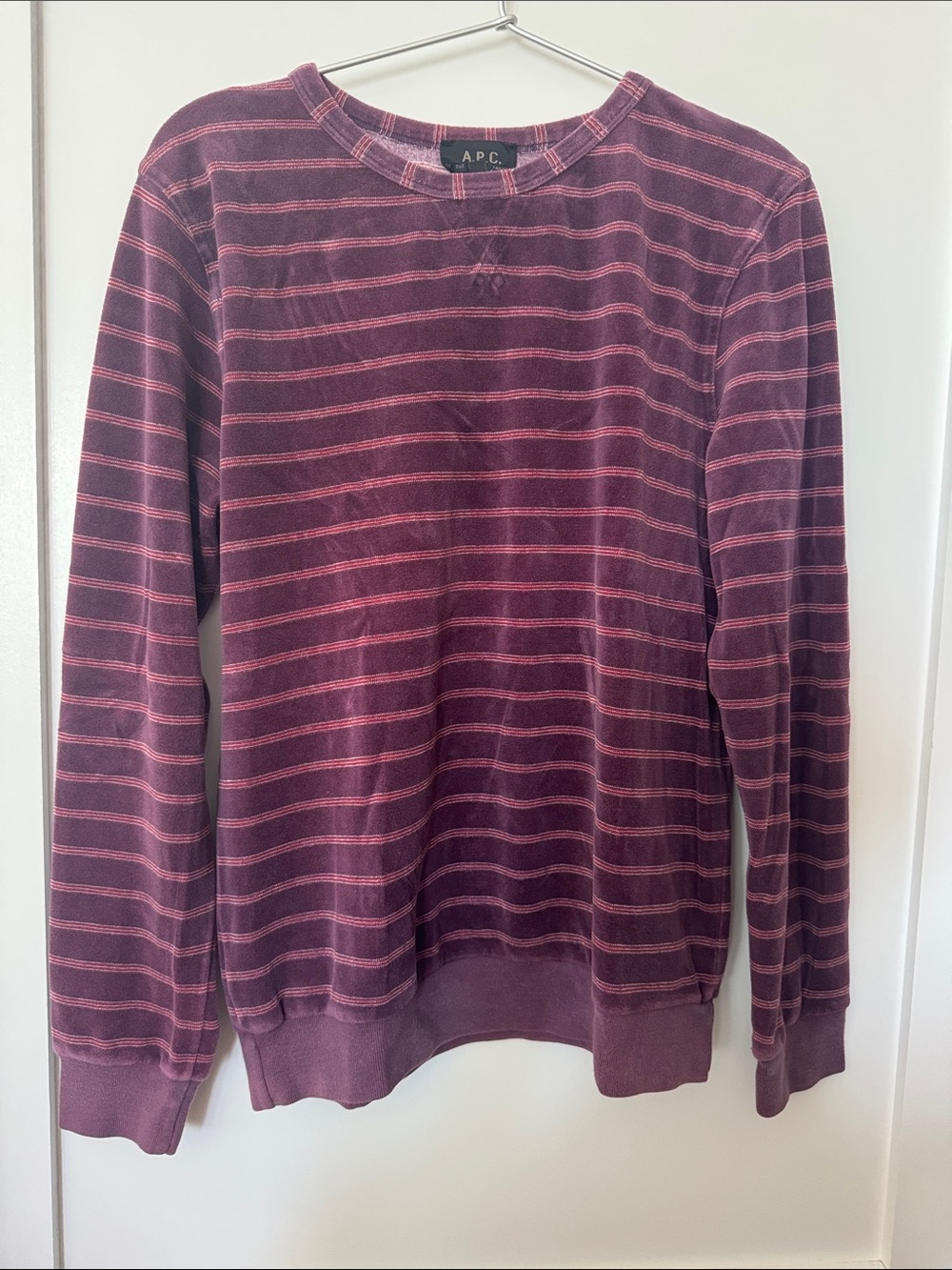 A.P.C. Striped Crewneck Sweater in Burgundy and Light Pink